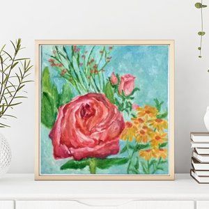 Vintage floral oil painting, retro artwork, 6"x6"